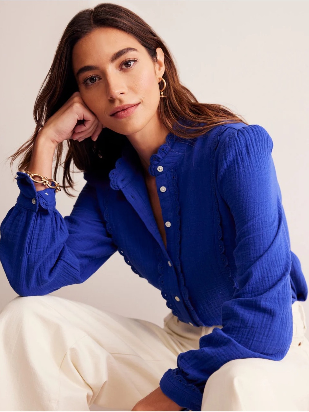 Boden Royal Blue Scallop-Trim Button-Front Blouse - Picture 8 of 10